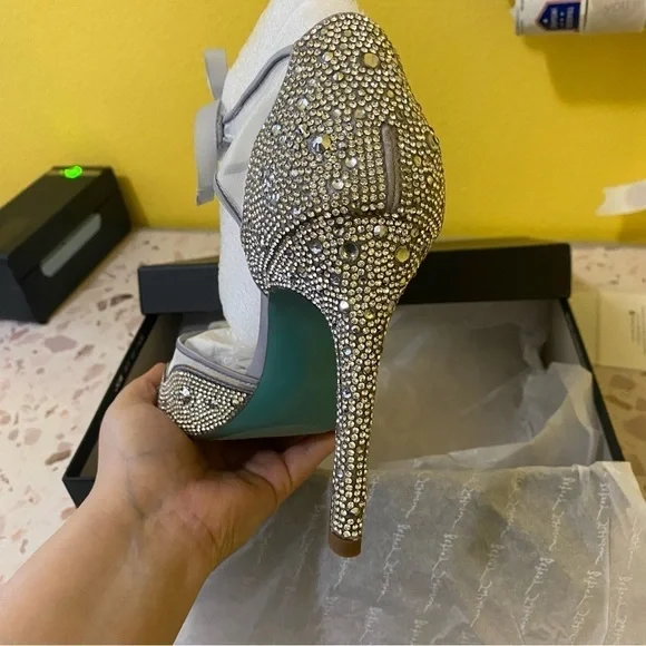 Last One Betsey Johnson New 8.5 Iris Silver Rhinestone Ankle Strap Stiletto Heel - Picture 8 of 12